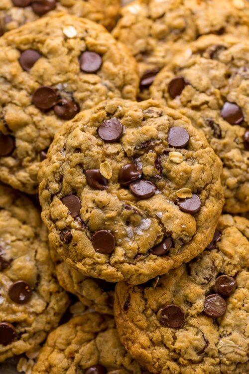 Oatmeal chocolate chips cookies in a stack.